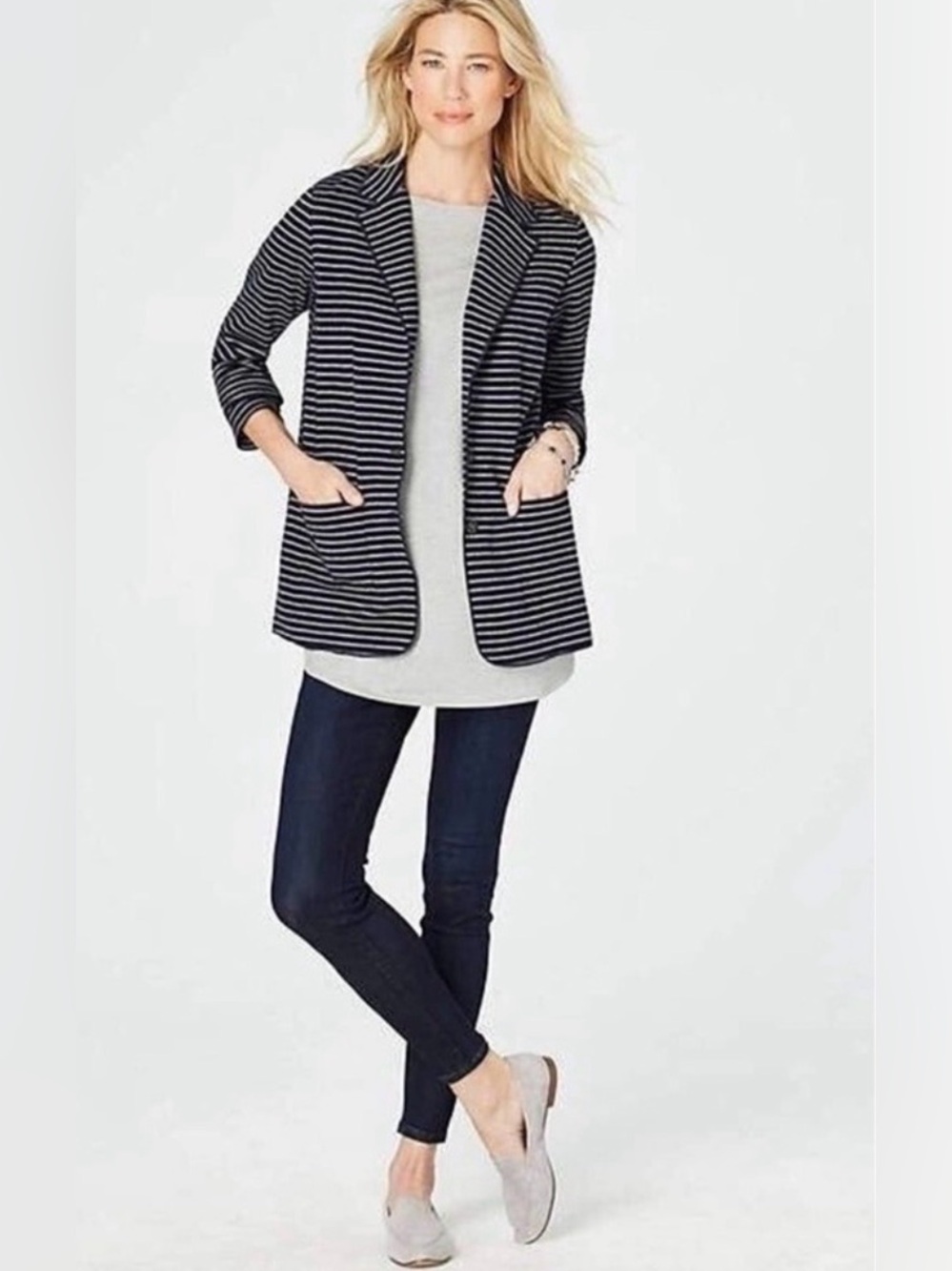 J Jill Navy Striped Cotton Blazer size m